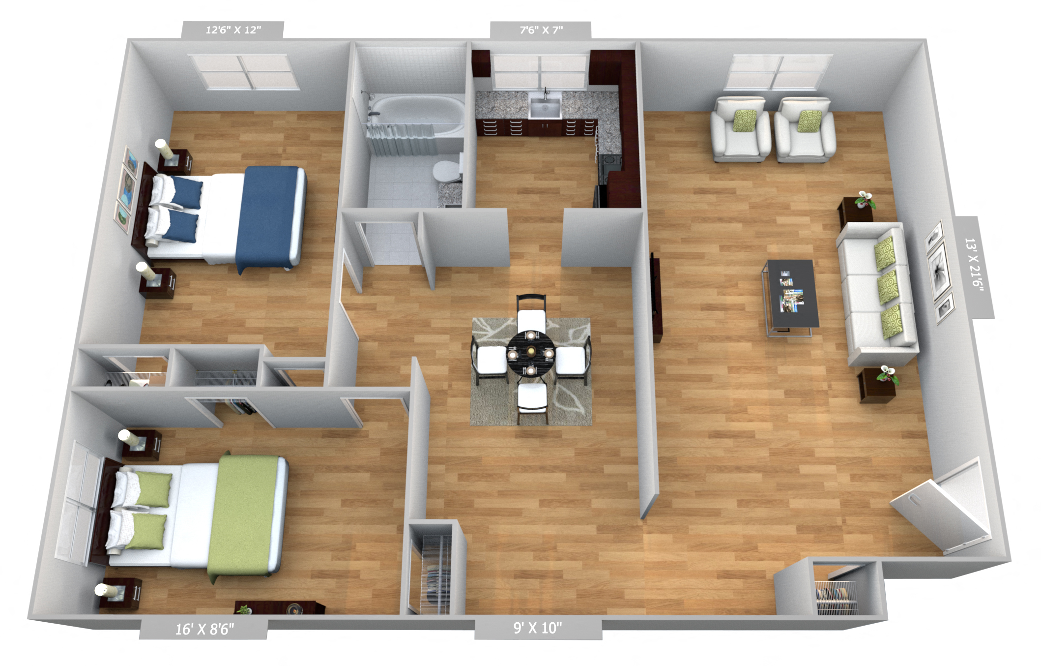 Floor plan for 2 beds, 1 bath